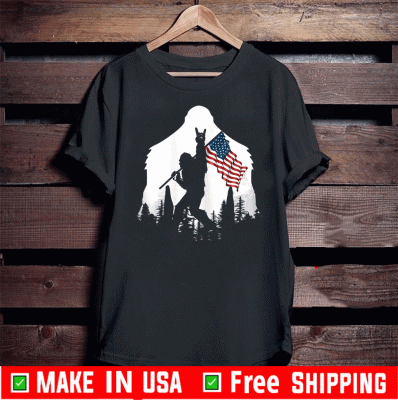 Bigfoot Victorty sign Peace USA Flag in the forest camping Tee Shirts