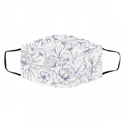 Mo-de-rn ha-nd dr-a-wn nav-y blu-e w-hi-te e-leg-ant flo-ra-l pa-tte-rn Face Mask