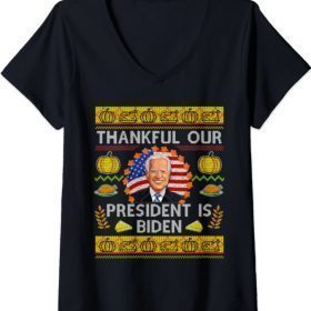 Womens Thankful Our President Is Biden Thanksgiving Matching Family V-Neck T-Shirt