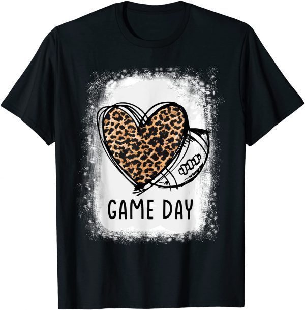 Game Day With Leopard Heart Football Lovers Mom Bleached Funny T-Shirt