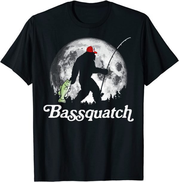 Bassquatch Funny Bigfoot Night Fishing and Full Moon T-Shirt