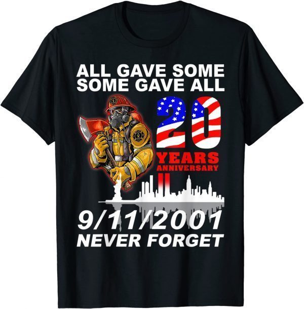 Official Never Forget 20th Anniversary Firefighters 9-11-2001 T-Shirt