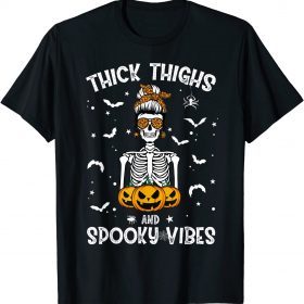 Thick Thighs And Spooky Vibes Messy Bun Women Halloween T-Shirt
