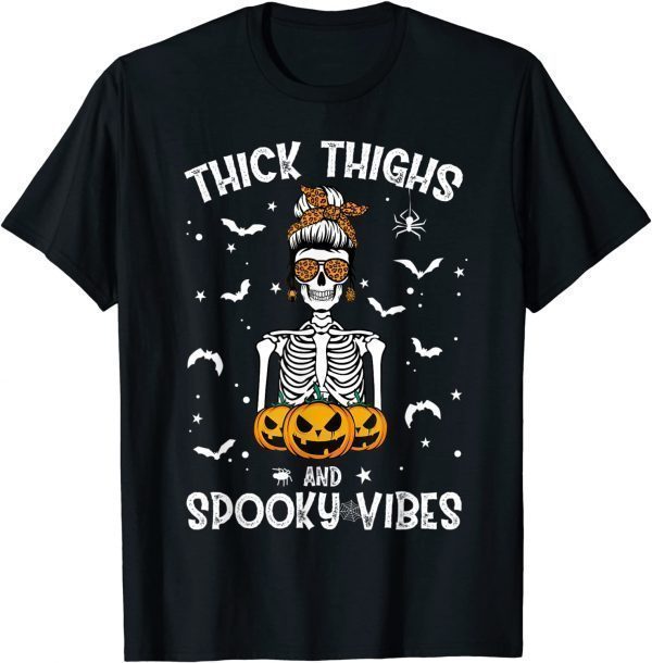 Thick Thighs And Spooky Vibes Messy Bun Women Halloween T-Shirt