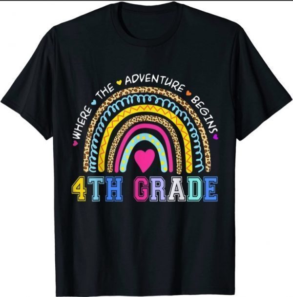 2021 Leopard Rainbow 4th Grade Teacher Where The Adventure Begins T-Shirt