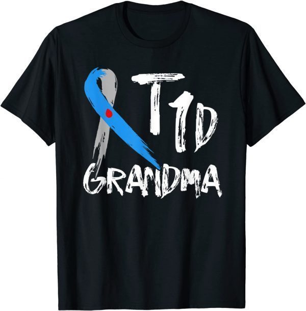 T1D Grandma Type 1 Diabetes Awareness Bule And Grey Ribbon T-Shirt