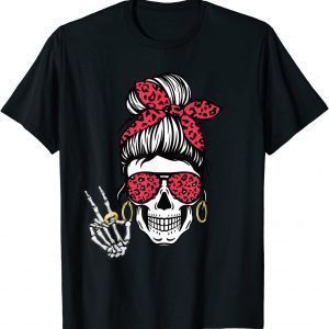 Official Boho Skeleton Peace Sign Messy Bun Bandana Halloween Apparel T-Shirt