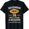 Classic 30 Years Old Gifts Vintage November 1991 30th Birthday T-Shirt