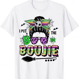 Funny I Put The Boo In Boujie Skull Messy Bun Leopard Halloween T-Shirt