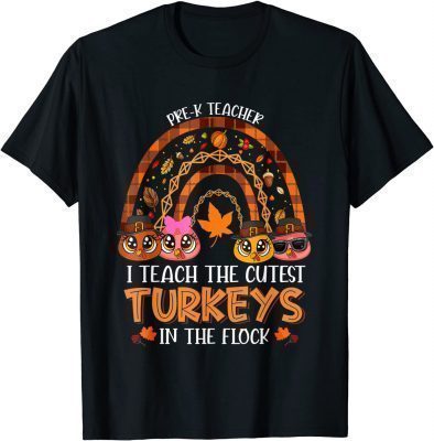 2021 Thanksgiving Pre-k Teacher Fall Rainbow Turkey In The Flock T-Shirt
