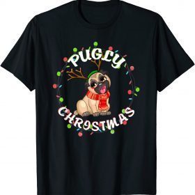 Pugly Lights Santa Dog Xmas Christmas Pajamas For Women T-Shirt