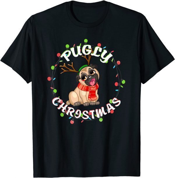 Pugly Lights Santa Dog Xmas Christmas Pajamas For Women T-Shirt