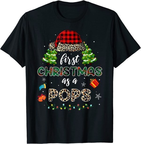 Funny First Christmas As A Pops Santa Hat Leopard Plaid TShirt