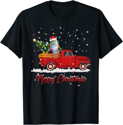 Cats Animal Riding Red Truck Christmas Gift Tee Shirt