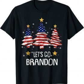 T-Shirt Merry Christmas Let's Go Brandon US Flag Three Pine Trees