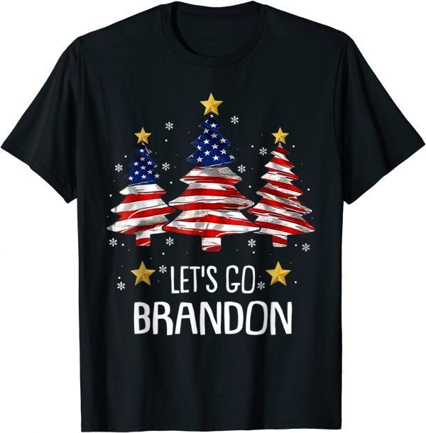 T-Shirt Merry Christmas Let's Go Brandon US Flag Three Pine Trees