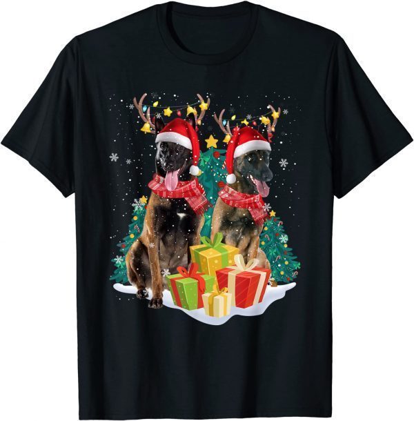 2021 Belgian Malinois Reindeer Hat Santa Christmas Light Xmas T-Shirt