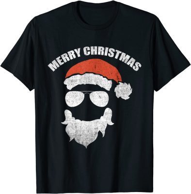 Funny Santa Claus face Sunglasses with Hat Beard Christmas T-Shirt