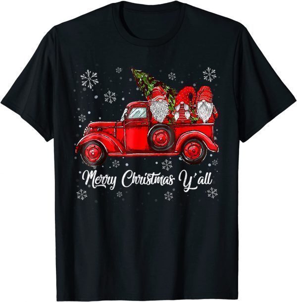 2021 Merry Christmas Y'all Gnomes Santa Retro Red Truck T-Shirt