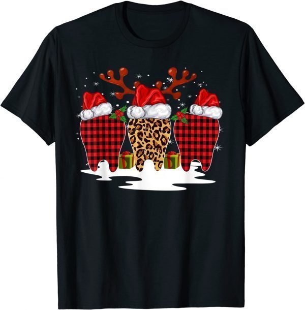 Dentist Christmas Pajamas Leopard Tooth Reindeer Red Plaid T-Shirt