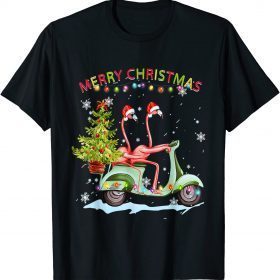 Flamingo Santa Hat Xmas Light Motobike Christmas Holiday T-Shirt