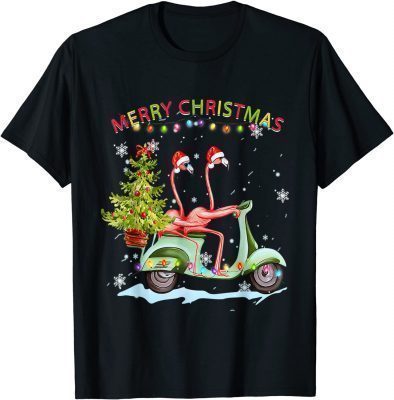 Flamingo Santa Hat Xmas Light Motobike Christmas Holiday T-Shirt