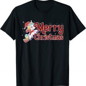 Merry Christmas Unicorn Santa Claus Red Plaid Rainbow Xmas Funny T-Shirt