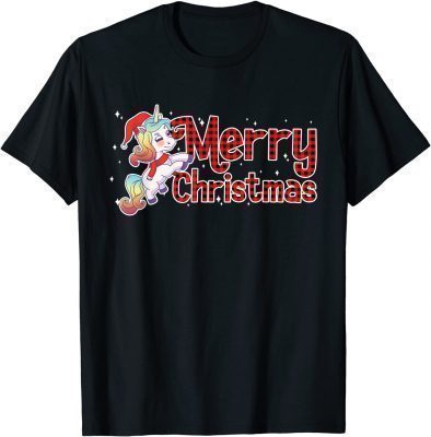 Merry Christmas Unicorn Santa Claus Red Plaid Rainbow Xmas Funny T-Shirt