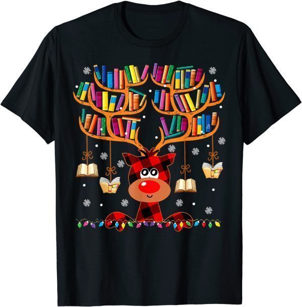 T-Shirt Christmas Library Red Deer Gift For Librarian And Book Lover 2022