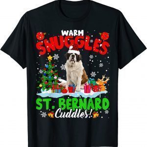 T-Shirt Warm Snuggles St. Bernard Cuddles Xmas Tree Plaid Santa Dog