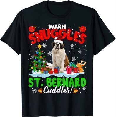 T-Shirt Warm Snuggles St. Bernard Cuddles Xmas Tree Plaid Santa Dog