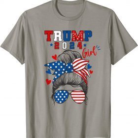 Funny Trump 2024 Girl Messy Hair Bun Flag Sunglasses T-Shirt