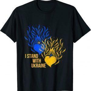 Ukraine Supporter Flag Color Blue Yellow Fire Hearts T-Shirt
