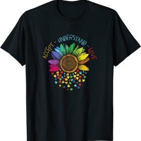 Classic Autism Awareness Accept Understand Love ASD Rainbow Flower Tee Shirts