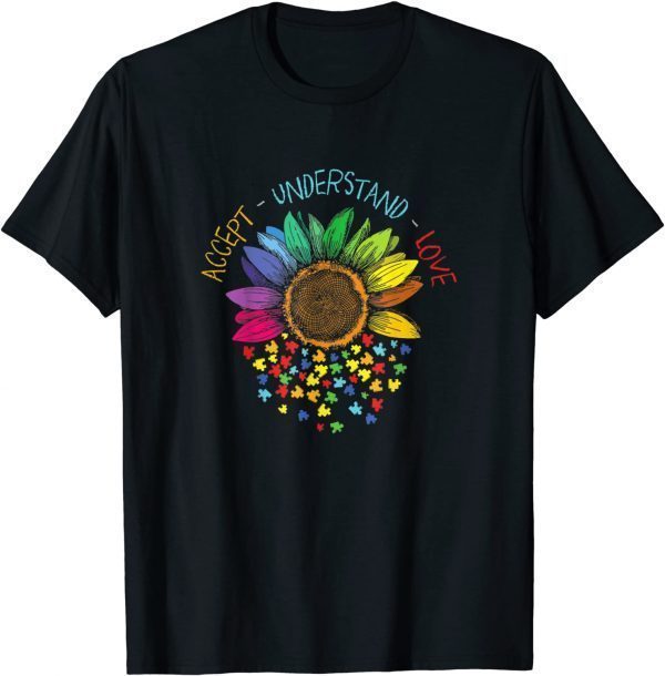 Classic Autism Awareness Accept Understand Love ASD Rainbow Flower Tee Shirts