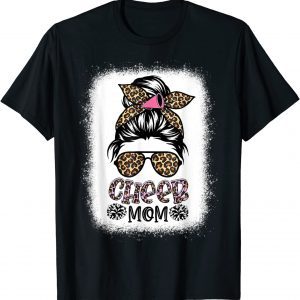 Cheer Mom Leopard Messy Bun Cheerleader Bleached Mothers Day T-Shirt