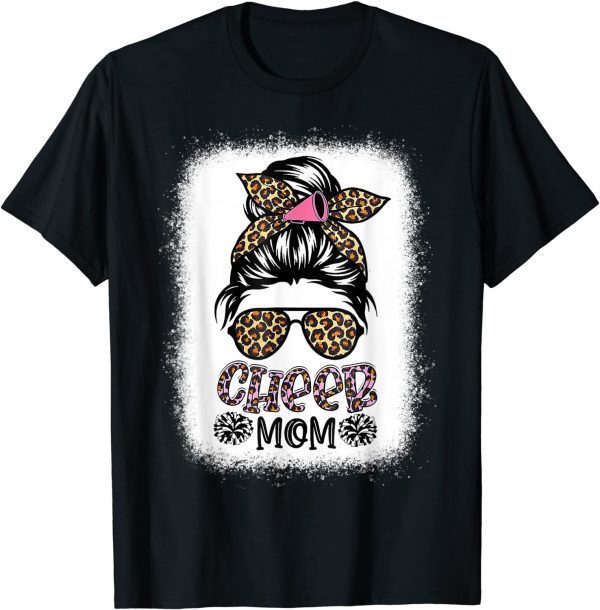 Cheer Mom Leopard Messy Bun Cheerleader Bleached Mothers Day T-Shirt