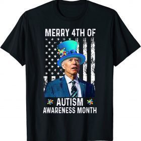 Joe Biden Merry 4th Of Autism Awareness Month Puzzle Piece Gift T-Shirt