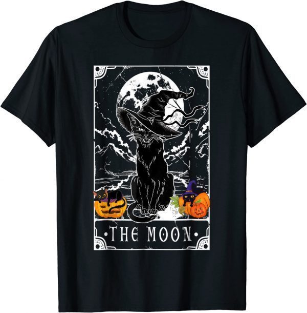 2022 Tarot Card Crescent Moon And Black Cat Witch Hat Halloween Shirt