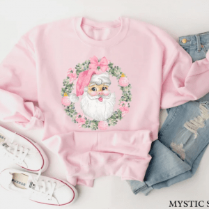 Pink Santa Sweatshirt, Christmas Sweater for Women, Cute Christmas Sweatshirt, Cute Santa Sweater, Retro Santa Sweater, Christmas Crewneck