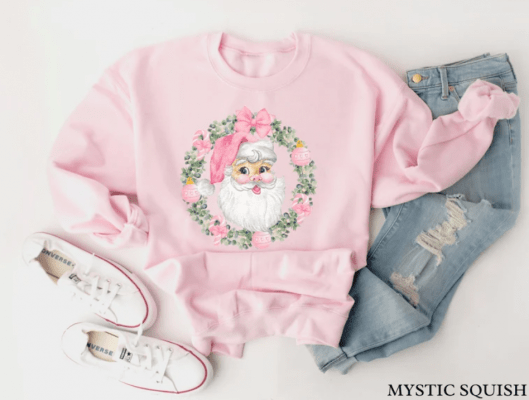 Pink Santa Sweatshirt, Christmas Sweater for Women, Cute Christmas Sweatshirt, Cute Santa Sweater, Retro Santa Sweater, Christmas Crewneck