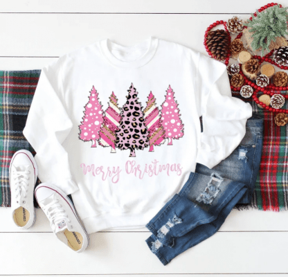 Christmas Shirt,Leopard Print Christmas Shirt, Merry Christmas Pink Christmas Trees Shirt, Holiday Shirt, Cute Christmas Tee, Leopard Shirt