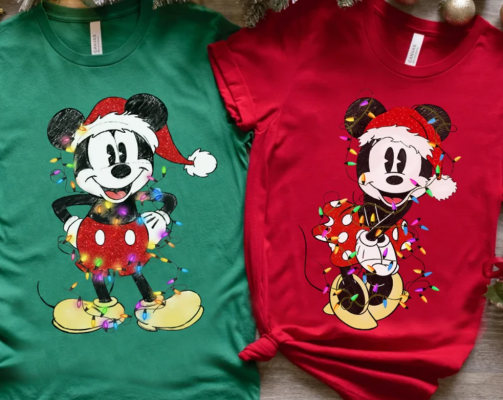 Disney Couples Mickey and Minnie Mouse Christmas Lights T-Shirt, Mickey's Very Merry Xmas Party Sweatshirt, Disneyland Vacation Holiday Gift