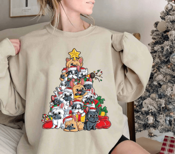 French Bulldog Christmas Tree Sweatshirt, French Bulldog Santa Hat Christmas Sweater, Puppy Christmas Tree Hoodie, French Dog Mom Lover Gift