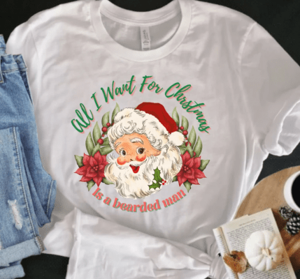 Women's Funny Vintage Retro Santa Christmas T Shirt "All I Want For Christmas is a Bearded Man" Heavy Cotton Tee