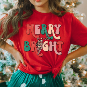 Merry and Bright Shirt, Womens Christmas Shirt, Holiday Retro Shirt, Merry Christmas T-Shirt, Gift for Christmas, Christmas Clothing