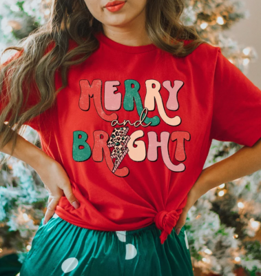 Merry and Bright Shirt, Womens Christmas Shirt, Holiday Retro Shirt, Merry Christmas T-Shirt, Gift for Christmas, Christmas Clothing