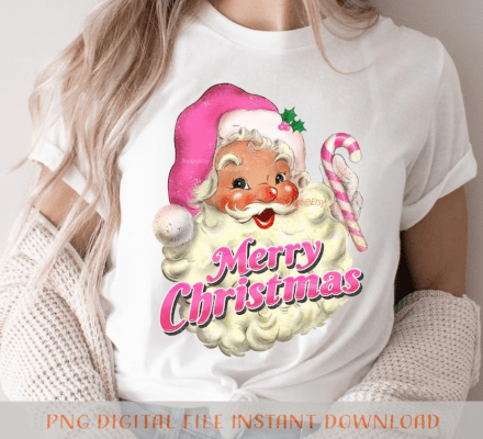 Pink Merry Christmas Png, Retro Santa Sublimation file for Shirt Design, Digital download. Pink Christmas Png.