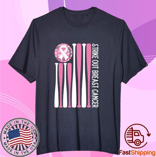 Strike Out Breast Cancer Baseball Pink American Flag Tee Shirt