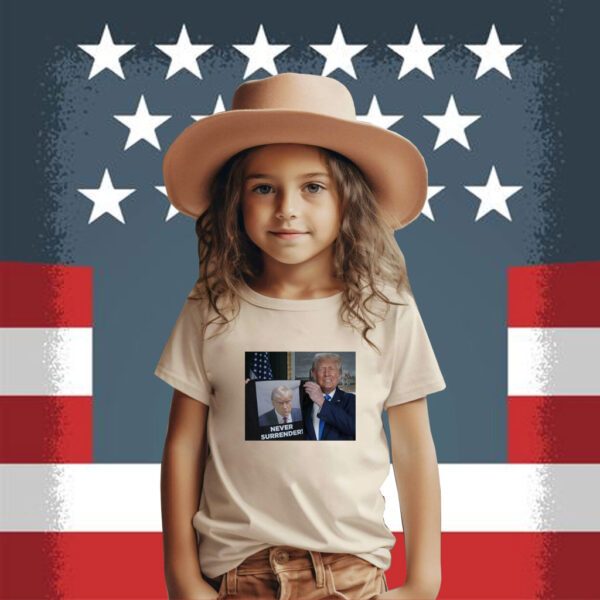 Trump Shows Off Trump Mugshot Never Surrender Tee Shirt